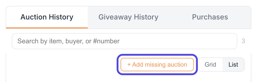 The top of Auction History with the + Add missing auction button circled.