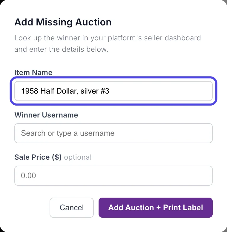 The Add Missing Auction window with the Item Name box circled and filled in with 1958 Half Dollar, silver #3.