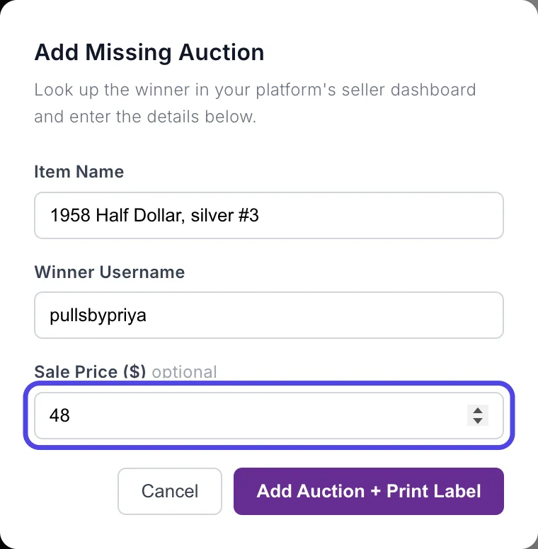 The Add Missing Auction window with the Sale Price box circled and filled in with 48.