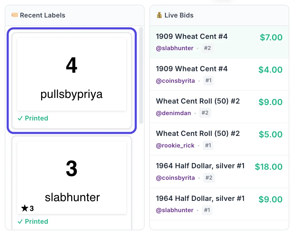 The Recent Labels column next to Live Bids, with the newest label circled: buyer number 4 for pullsbypriya, marked Printed, with no star. The label below it, 3 for slabhunter, carries a small star.