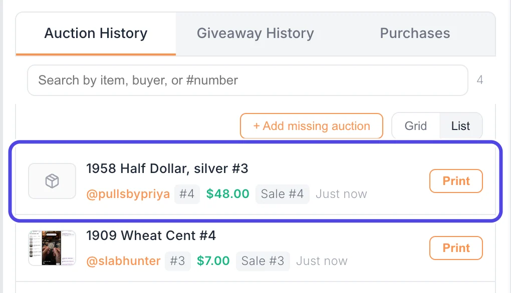 Auction History with the hand-added sale, 1958 Half Dollar, silver #3 won by pullsbypriya, circled at the top of the list.