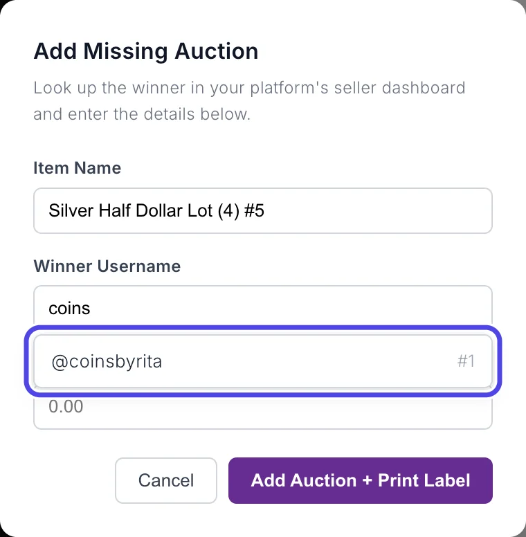 The Add Missing Auction window with coins typed in Winner Username and a list below it showing @coinsbyrita with buyer number #1, circled.