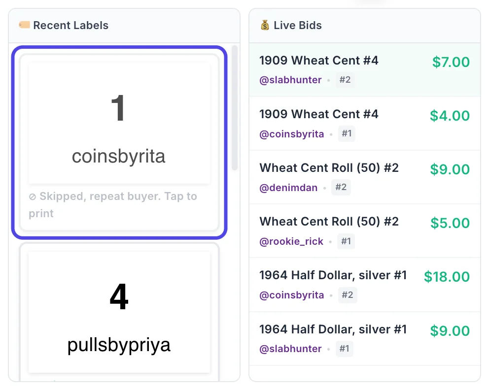 The Recent Labels column next to Live Bids, with the newest tile circled: buyer 1, coinsbyrita, marked Skipped, repeat buyer. Tap to print.