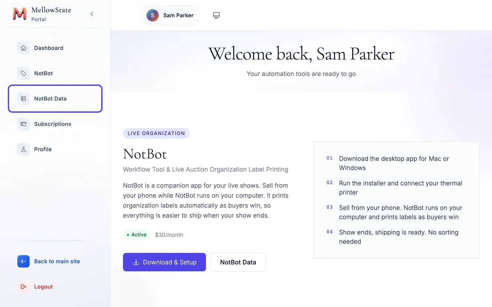 The website after signing in, with the menu on the left. NotBot Data in the menu is circled.