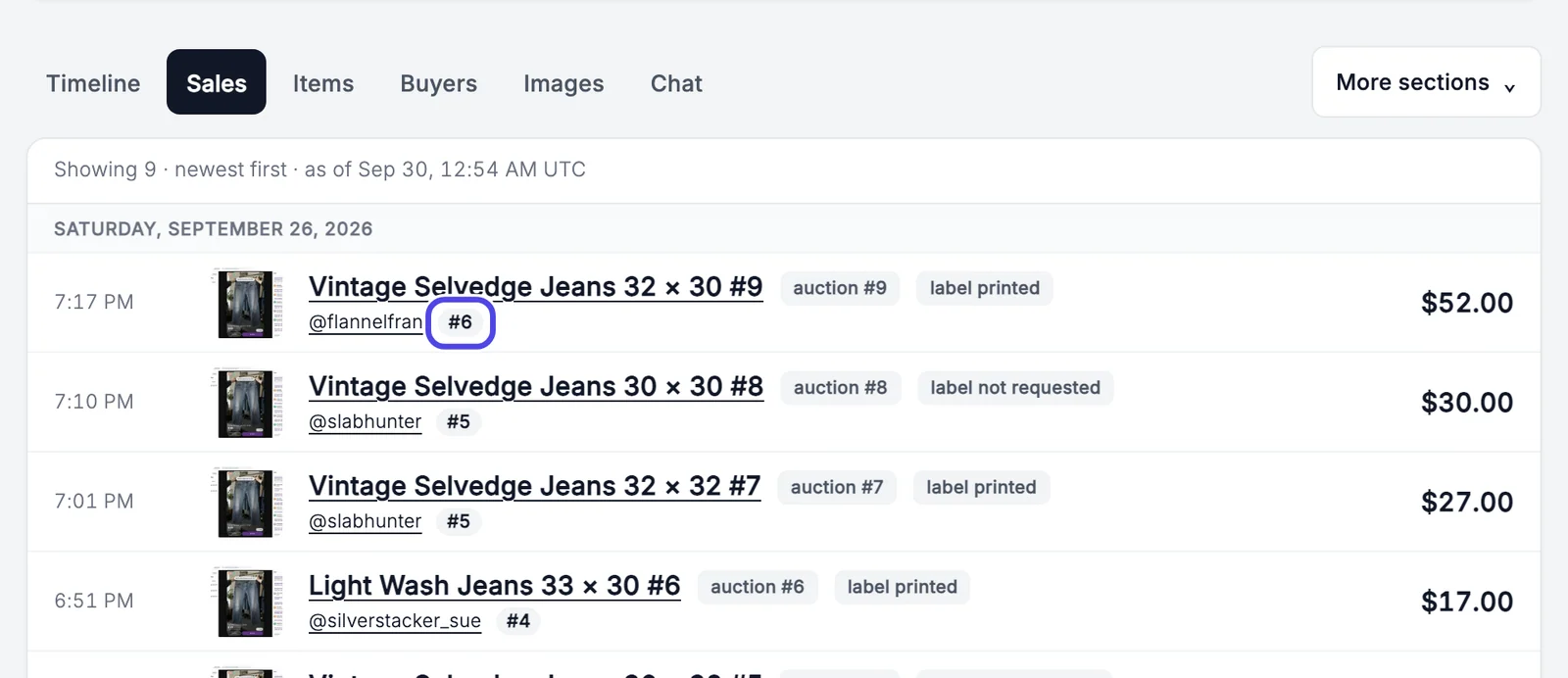 The Sales list of the show: rows with a small sale photo, item name, buyer username with buyer number, a label printed or label not requested tag and the price. The buyer number #6 next to @flannelfran on the first row is circled.