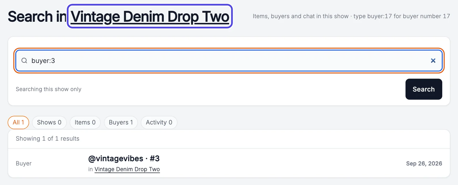 Search results inside the show for buyer:3, listing @vintagevibes. The show name link at the top is circled.