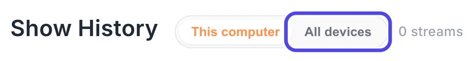 The Show History title with the This computer and All devices buttons next to it. All devices is circled.