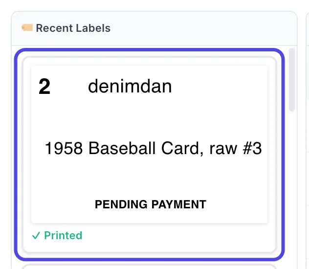 A label in the Recent Labels list of the NotBot panel for denimdan, with the item name and PENDING PAYMENT at the bottom. The label is circled.