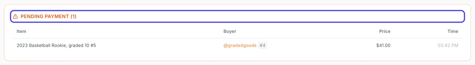 The orange PENDING PAYMENT (1) box at the bottom of the Summary tab, listing 2023 Basketball Rookie, graded 10 #5 bought by gradedgoods.