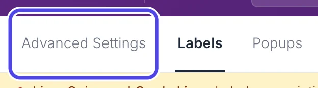 The three tabs at the top of the Customize page: Advanced Settings, Labels and Popups. Advanced Settings is circled.