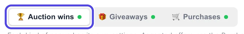 The three popup kinds at the top of the Winner popups box: Auction wins (selected, circled), Giveaways and Purchases, each with a green dot.
