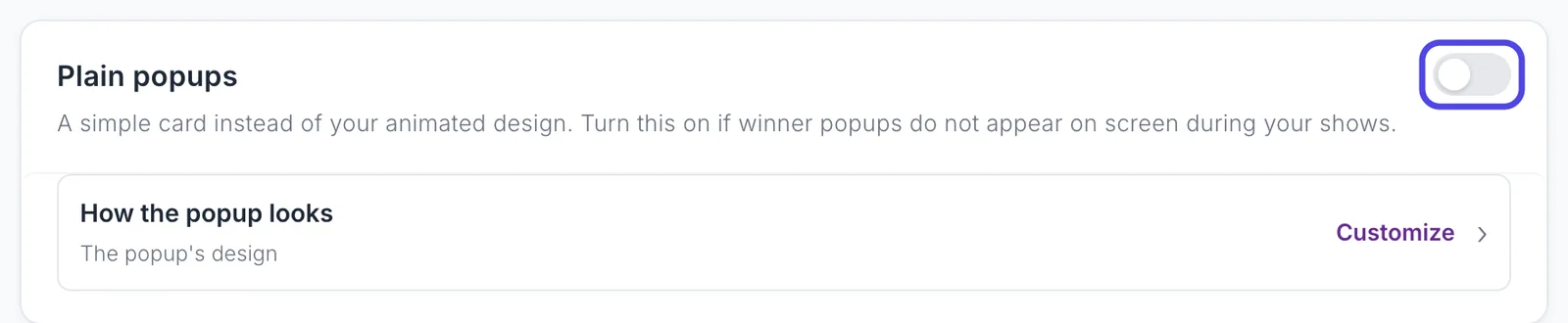 The Plain popups setting with its switch turned off and circled, and the How the popup looks link below it.