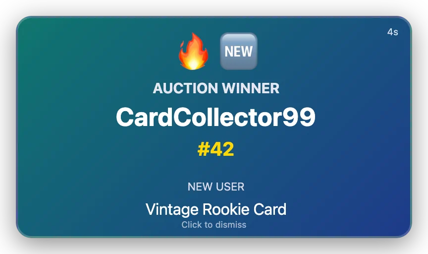 The test popup window: a fire and NEW emoji, AUCTION WINNER, CardCollector99, #42, NEW USER and Vintage Rookie Card on a teal to dark blue card, with a countdown in the top right corner and Click to dismiss at the bottom.