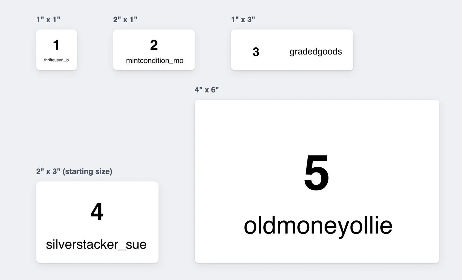 A buyer label printed at each of the five sizes, shown at their real proportions: 1 by 1 inch, 2 by 1, 1 by 3, 2 by 3 (the starting size) and 4 by 6.