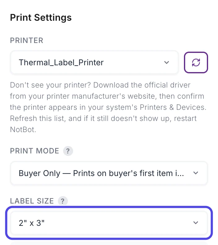 The Print Settings card with Thermal_Label_Printer chosen as the printer, and the Label Size box, showing 2 by 3 inches, circled.