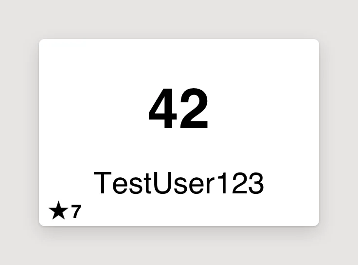 The test buyer label NotBot printed, a 2 by 3 inch label showing the number 42, the username TestUser123 under it, and a star with the number 7 in the bottom left corner.