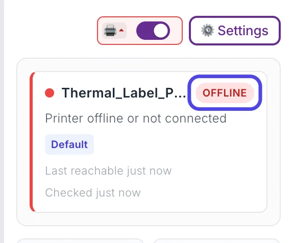 The printer status card showing Thermal_Label_Printer with a red OFFLINE badge circled and the words Printer offline or not connected; the box around the printer icon has a red border.