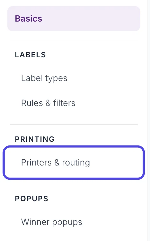 The list of Advanced Settings pages on the left, with Printers & routing under Printing circled.