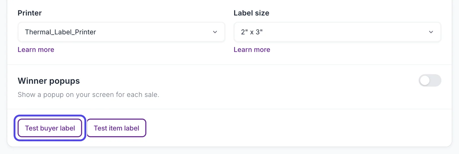 The Basics page of Advanced Settings with Printer and Label size boxes, and the Test buyer label button circled next to Test item label.