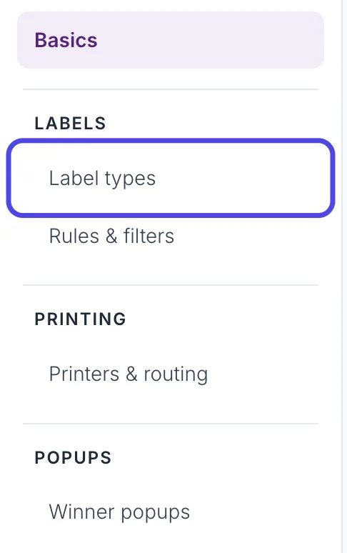 The list of settings pages on the left side of Advanced Settings, with Label types circled.