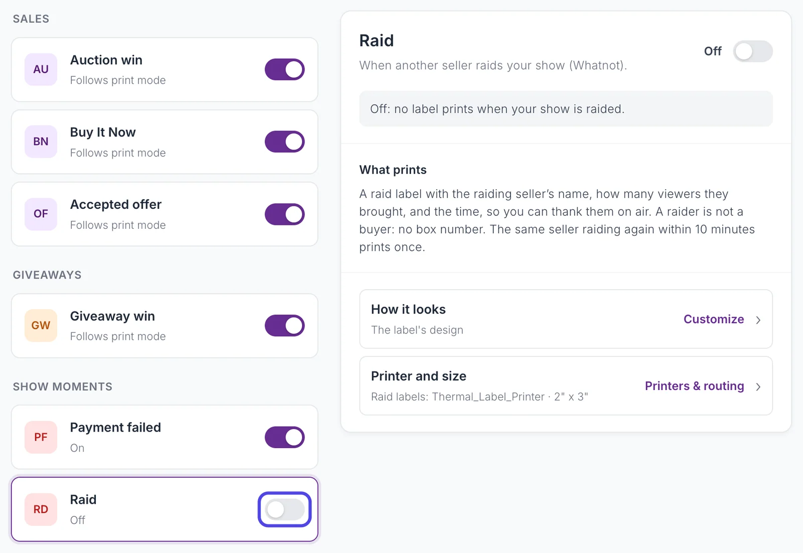 The Label types page with the Raid row selected. Its switch, which is off, is circled. The box on the right explains what a raid label prints.