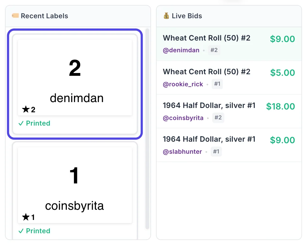 Recent Labels next to Live Bids in the NotBot panel, with the newest label, buyer 2 denimdan, circled.