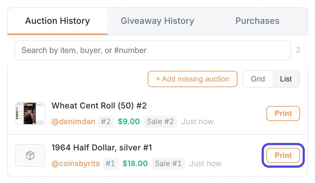 Auction History in the NotBot panel with two sales. The Print button on the sale 1964 Half Dollar, silver #1 is circled.