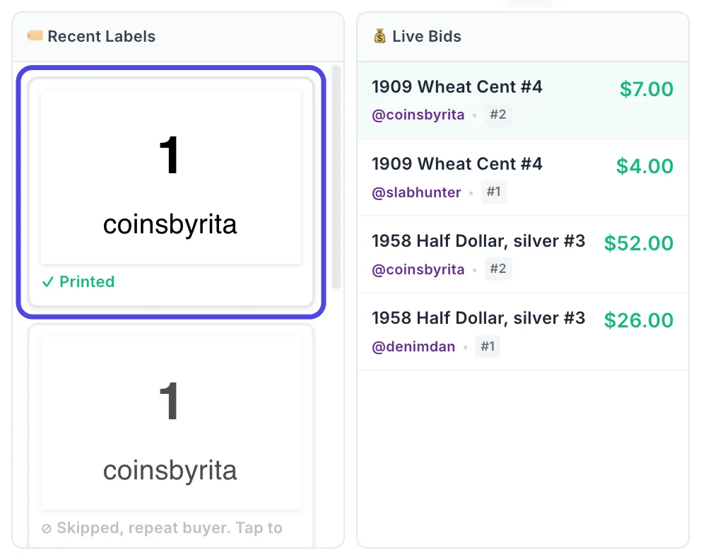 Recent Labels with the newest label circled: buyer 1, coinsbyrita, marked Printed. Below it, the label for their 2nd win says Skipped, repeat buyer. Tap to print.