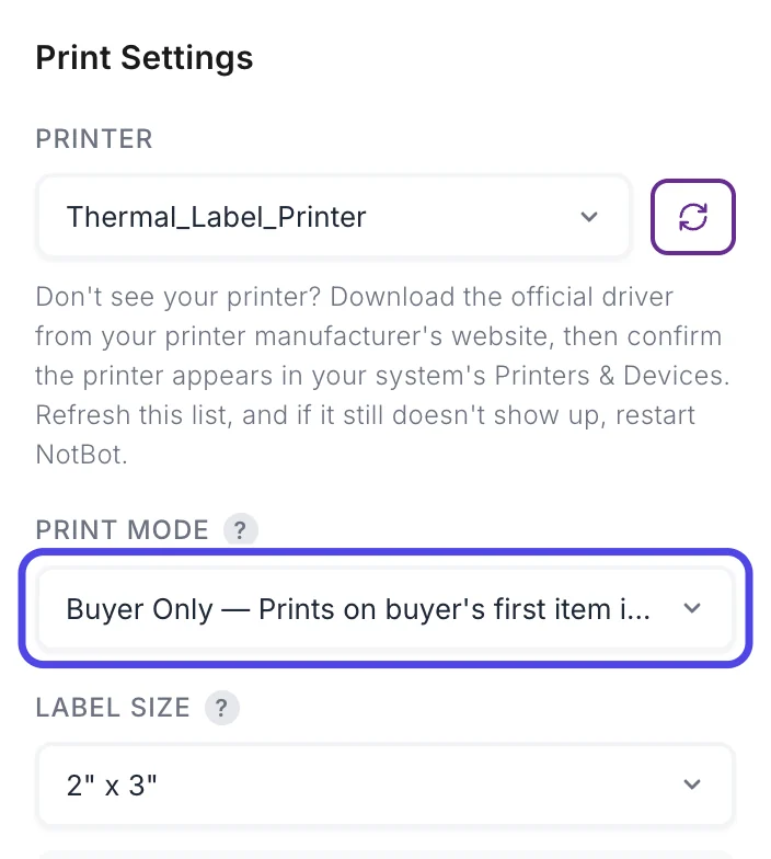 The Print Settings card in the Settings drawer with the Print Mode box, showing Buyer Only, circled.