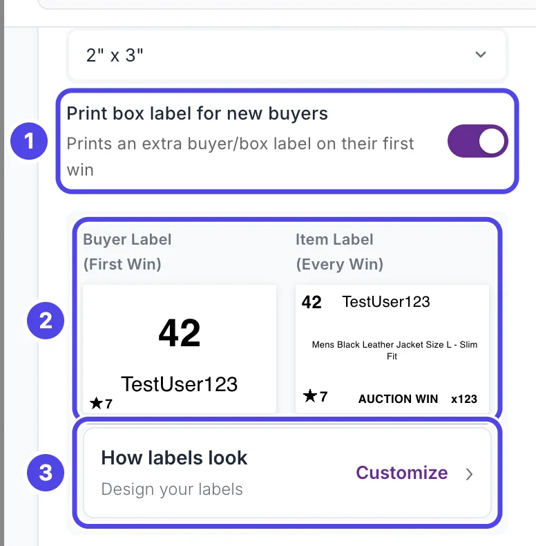 The bottom of the Print Settings card after choosing Every Item + Buyer: 1 the Print box label for new buyers switch, turned on, 2 the two label previews, a buyer label with 42 and TestUser123 and a numbered item label, and 3 the How labels look row.