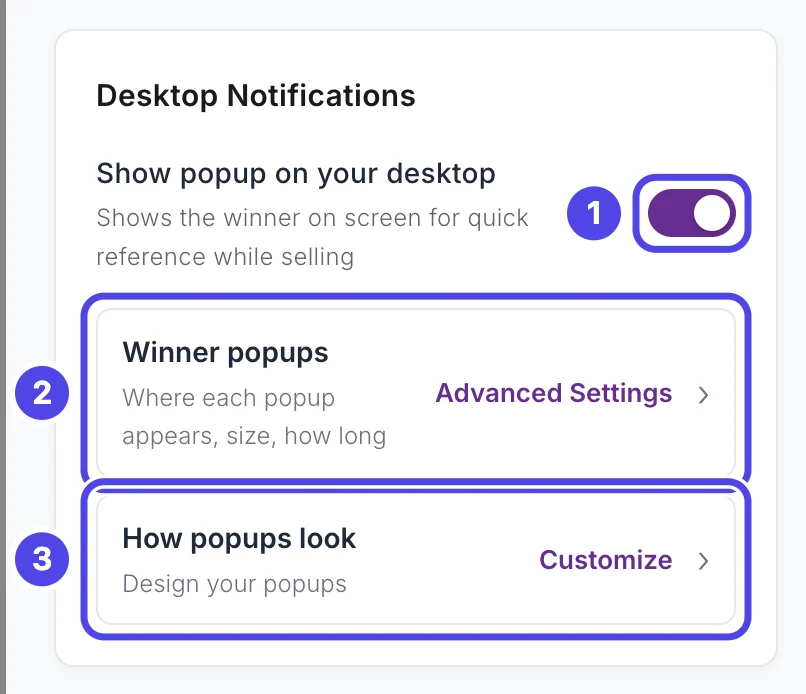 The Desktop Notifications card: 1 the Show popup on your desktop switch, turned on, 2 the Winner popups row and 3 the How popups look row.
