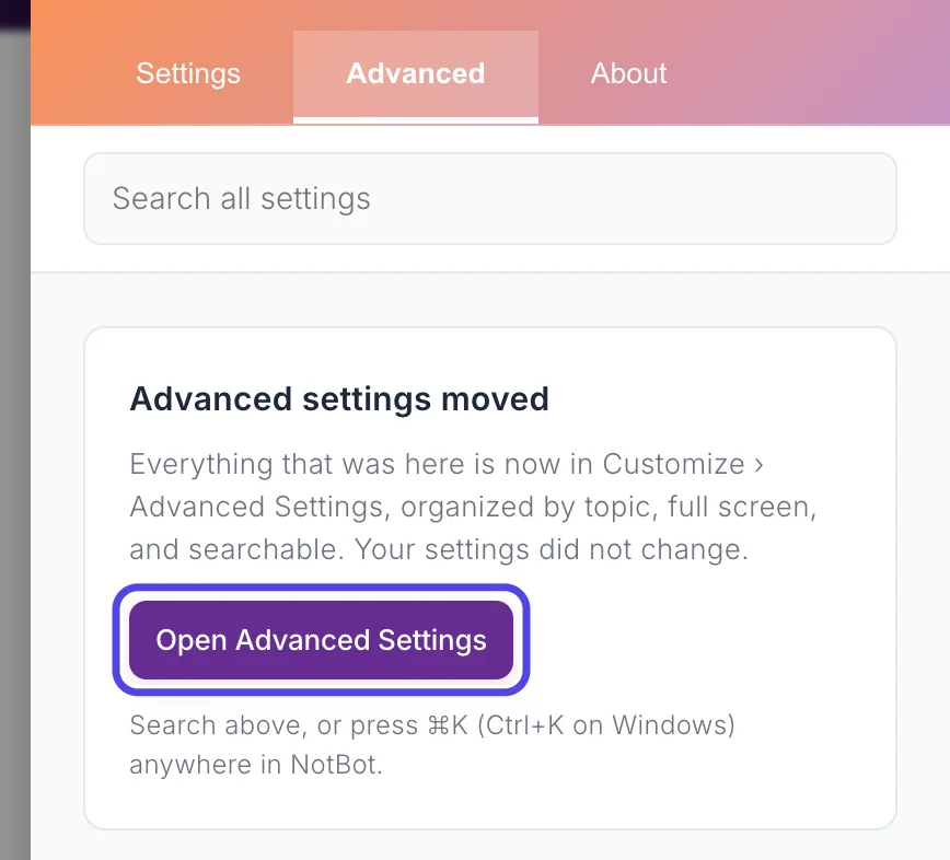 The Advanced tab of the drawer, which says Advanced settings moved, with the Open Advanced Settings button circled.