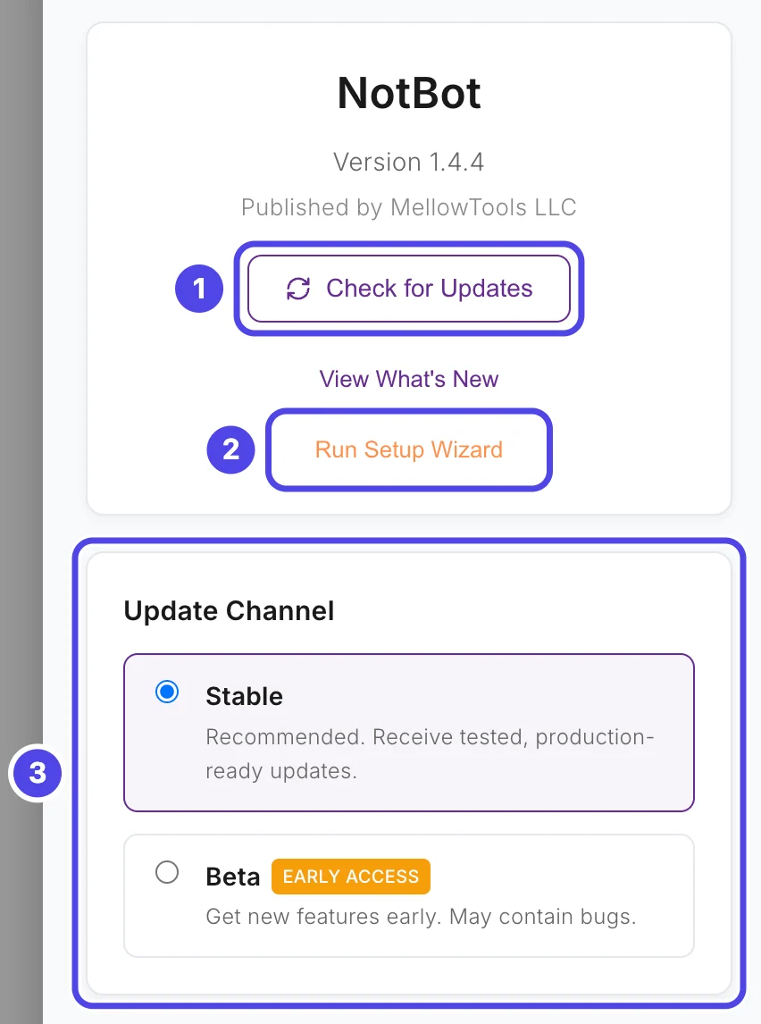 The About tab of the drawer: NotBot and its version, 1 the Check for Updates button, View What's New, 2 Run Setup Wizard, and 3 the Update Channel card with Stable selected and Beta.