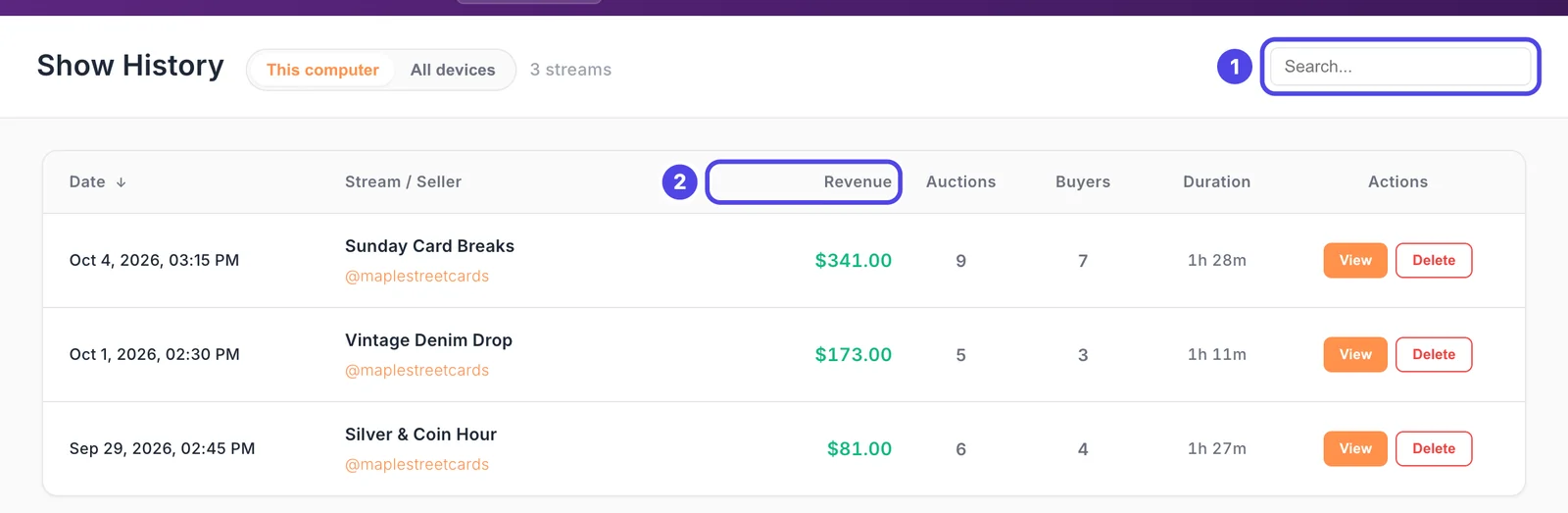 The Show History page listing three shows with their date, name, revenue, auctions, buyers and duration. The Search box is marked 1 and the Revenue column name is marked 2.