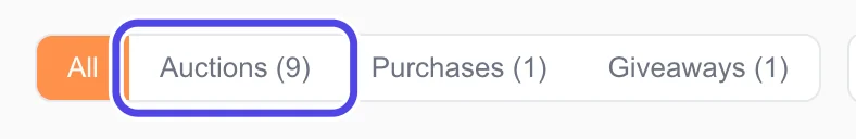 The row of filter buttons above the item list: All, Auctions (9), Purchases (1) and Giveaways (1), with Auctions circled.