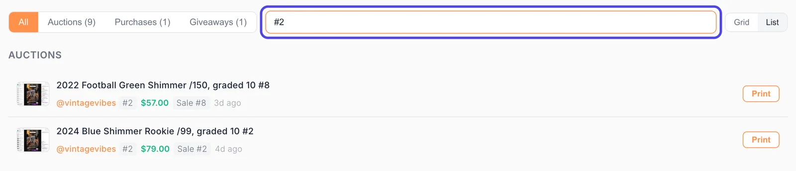 The filter box with #2 typed in it, and the list below showing only the two items bought by buyer number 2.