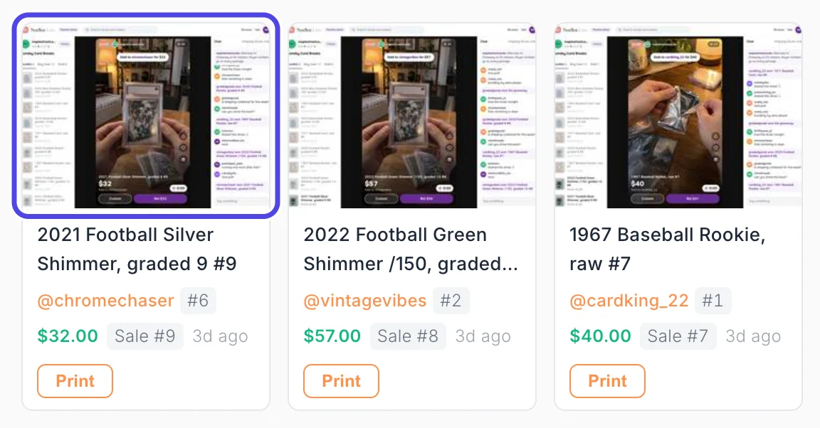 Auction cards in grid view, each with a photo of the show screen on top, then the item name, buyer, buyer number, price and a Print button. The first photo is circled.