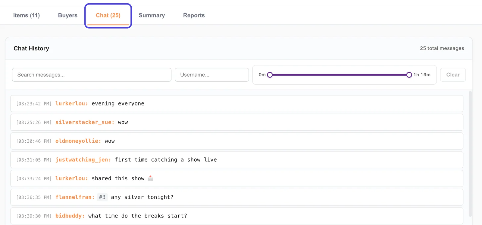 The Chat tab, circled, above the Chat History list of messages, each with its time, the username and the message.