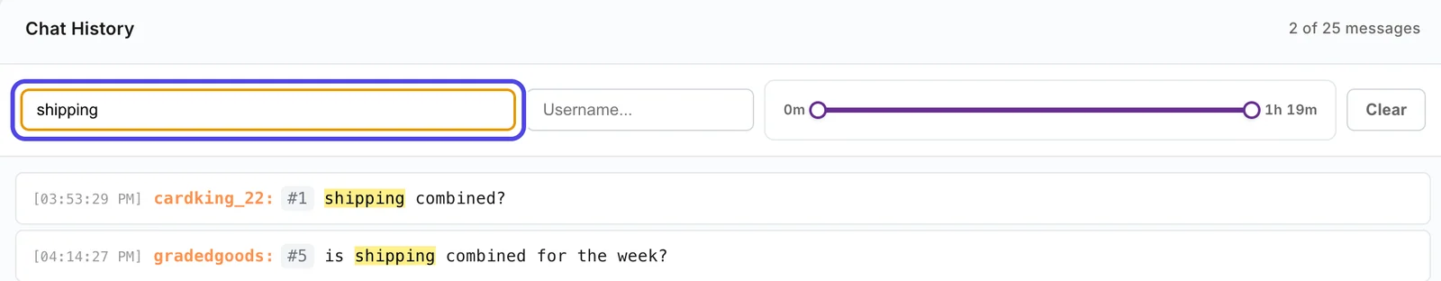 The chat search box with the word shipping typed in it, circled, and below it only the messages that mention shipping, with the word highlighted.