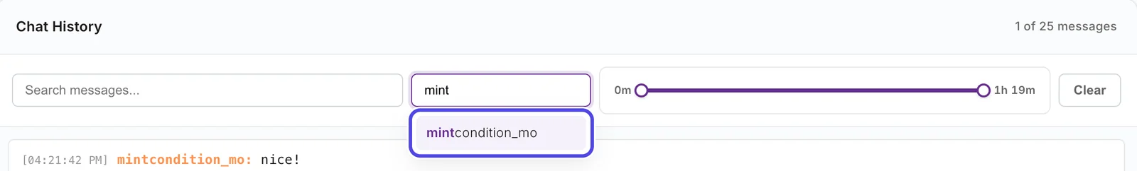 The Username box with mint typed in it and, under it, a list with the matching name mintcondition_mo, which is circled.