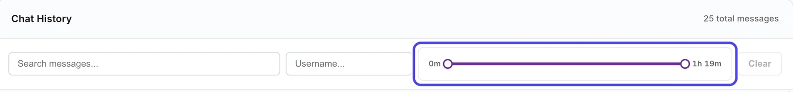The Chat History box with the time bar circled. The bar runs from 0m to 1h 19m, the length of the chat, with a round handle at each end, and the Clear button is to its right.