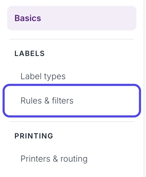 The Advanced Settings page list with Rules & filters, under Labels, circled.