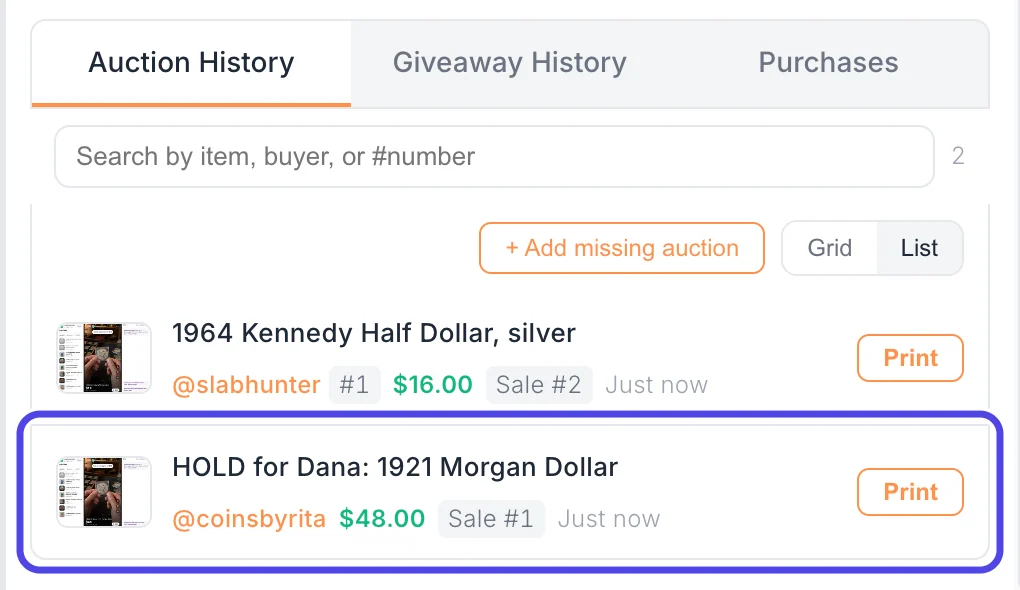 The Auction History tab listing 1964 Kennedy Half Dollar, silver won by slabhunter and HOLD for Dana: 1921 Morgan Dollar won by coinsbyrita. The coinsbyrita row is circled.