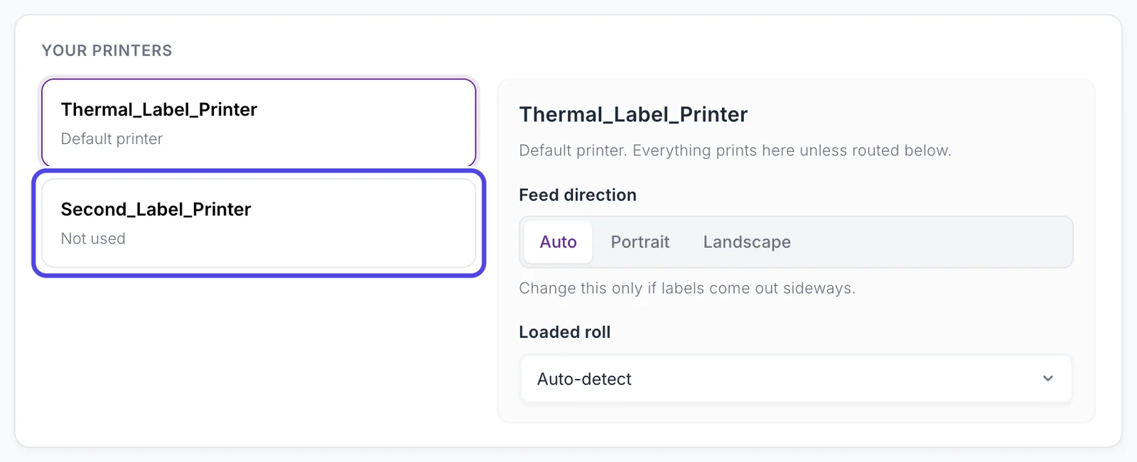 The Your printers card: Thermal_Label_Printer, Default printer, and Second_Label_Printer, Not used, which is circled.