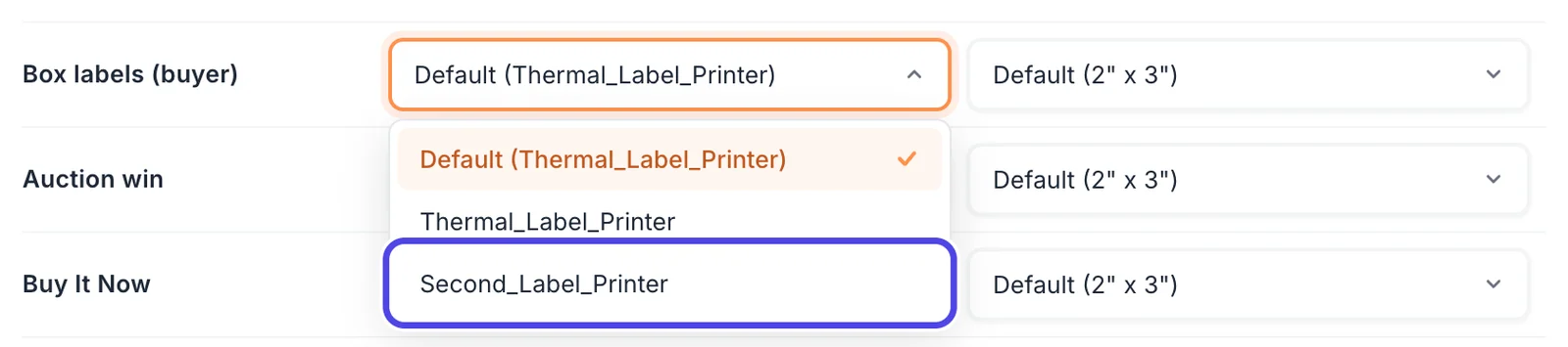 The open Printer list on the Box labels row with Default (Thermal_Label_Printer), Thermal_Label_Printer and Second_Label_Printer. Second_Label_Printer is circled.