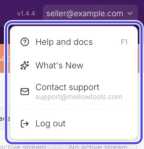 The account menu open under the email address at the top right of NotBot, with Help and docs (F1), What's New, Contact support (support@mellowtools.com) and Log out. The menu is circled.