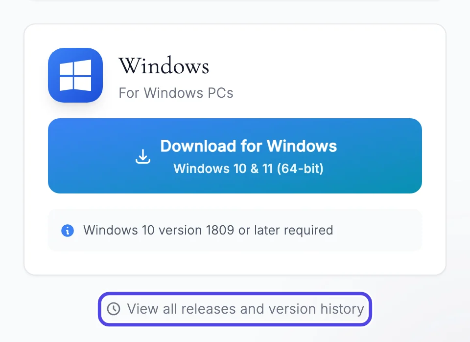 The NotBot page on our website: the Windows download box, with the View all releases and version history link circled under it.
