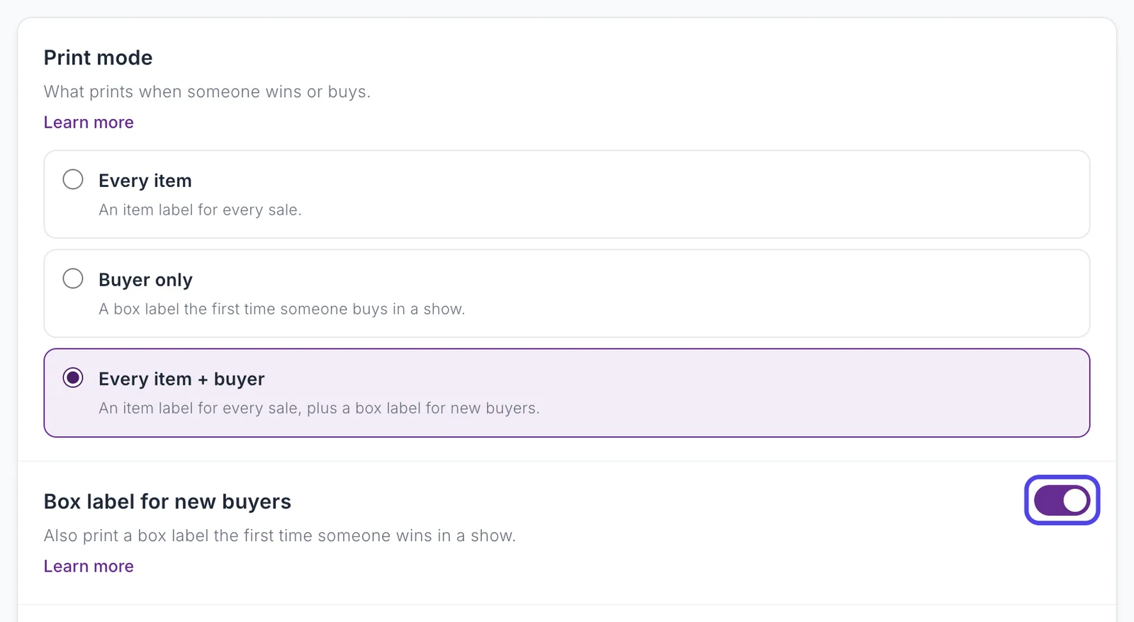 The Basics page after choosing Every Item + Buyer. The Box label for new buyers switch, turned on, is circled.