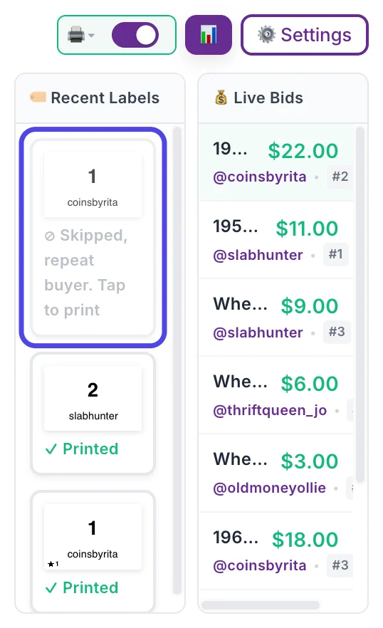The Recent Labels list in the NotBot panel. The newest card, for buyer 1 coinsbyrita, is greyed out and says Skipped, repeat buyer. Tap to print. It is circled.