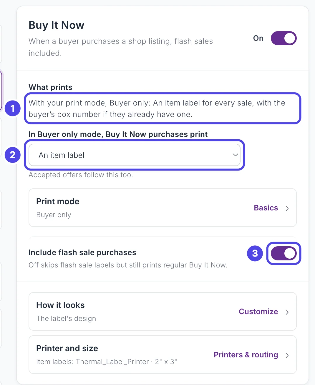 The Buy It Now panel on the Label types page. The What prints text is numbered 1, the In Buyer only mode, Buy It Now purchases print box (set to An item label) is numbered 2, and the Include flash sale purchases switch is numbered 3.